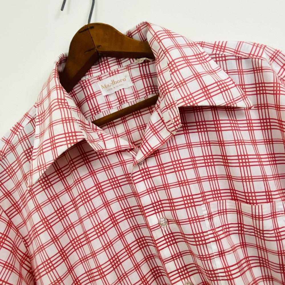 Vintage Marlboro Shirt L 16-L 16 1/2 Red Plaid Point Collar Retro 70s